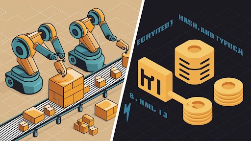 An image demonstrating the blockchain mining process. Robots are creating blocks and data encryption is under process.