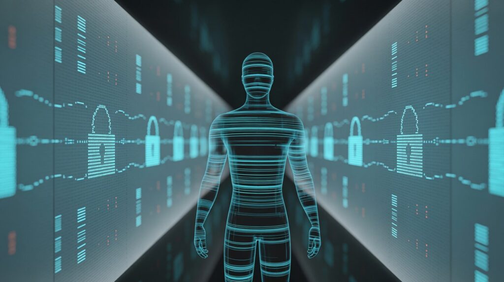 Futuristic AI agent standing in a digital corridor with cybersecurity elements