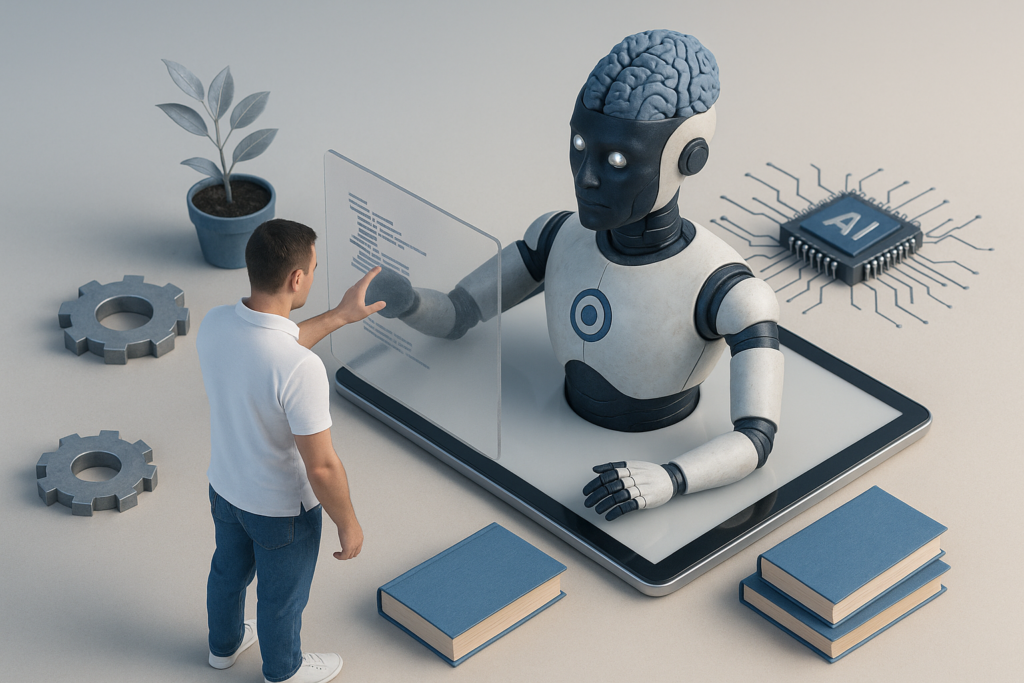 man using screen with learning bot 